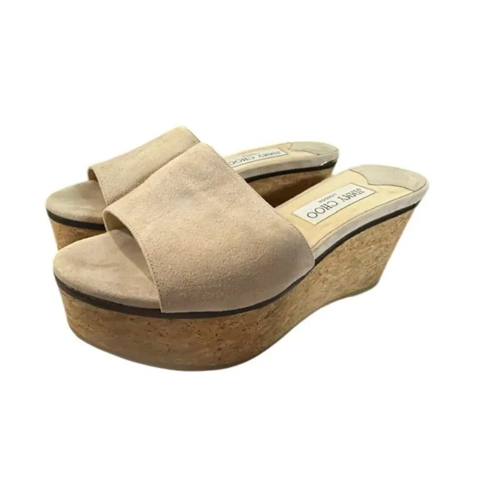 Jimmy Choo London Beige Suede Slide Platform Sandals Nude Size 36.5 6.5 Wedge